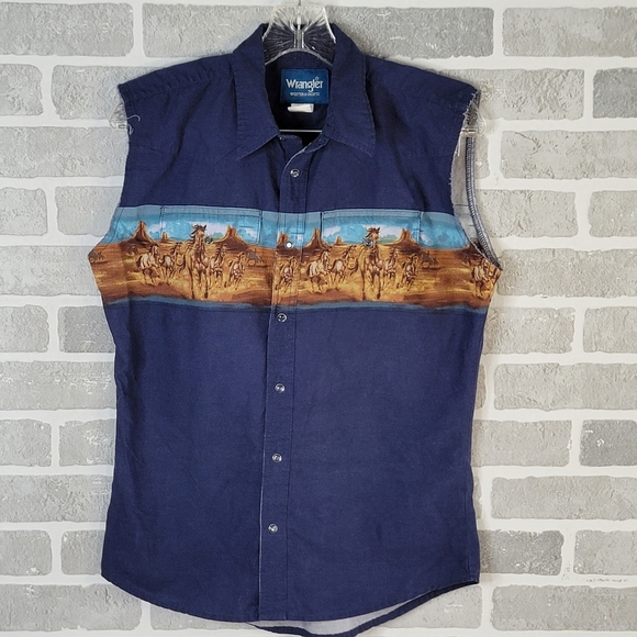 Wrangler Tops - Wrangler Navy Blue Sleeveless Button-Down Shirt with Western Scene